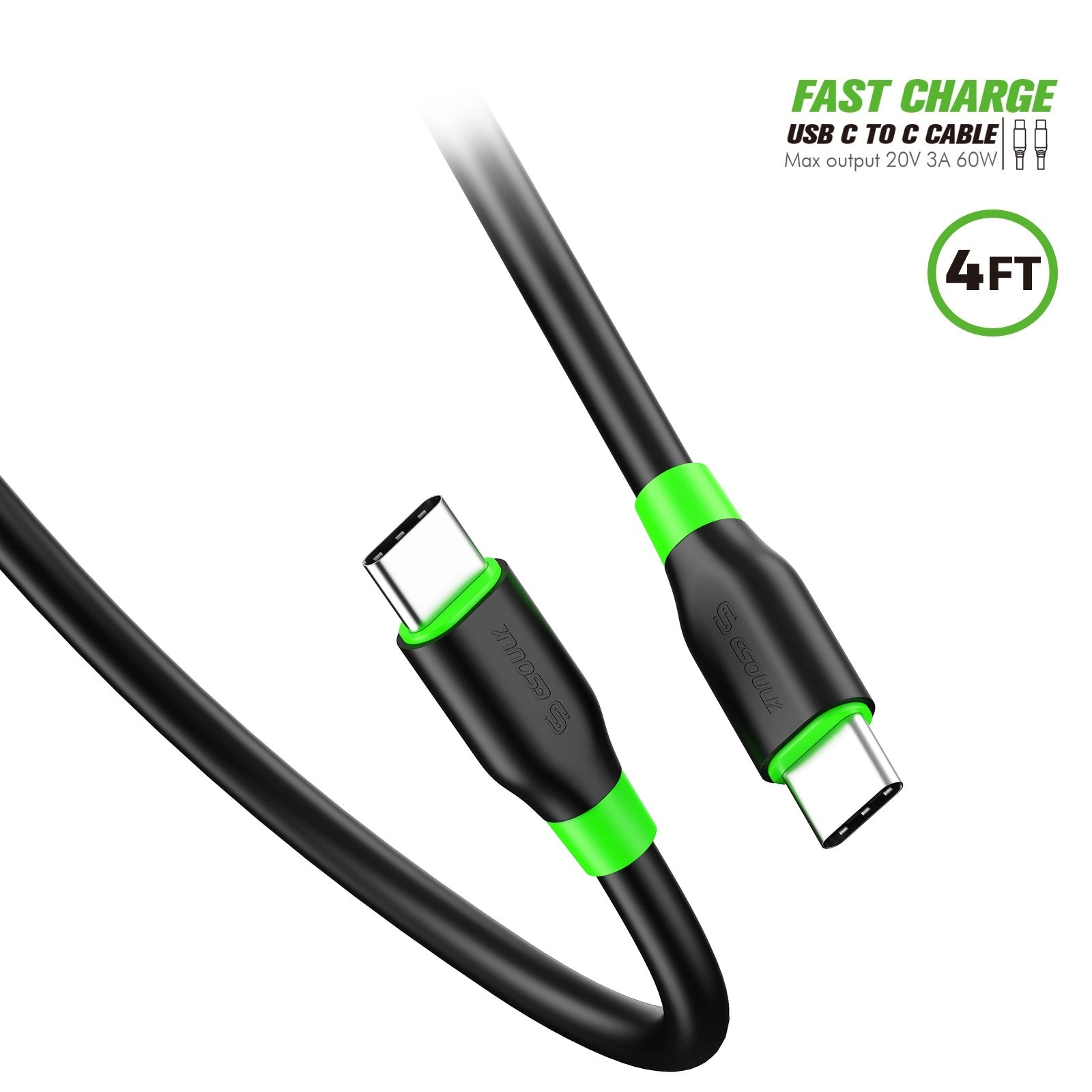 USB-C to USB-C Fast Charging Cable – 4ft Soft TPE, USB PD Support, Tangle-Free Design, Safe & Rapid Charging with Built-In Protections, Black