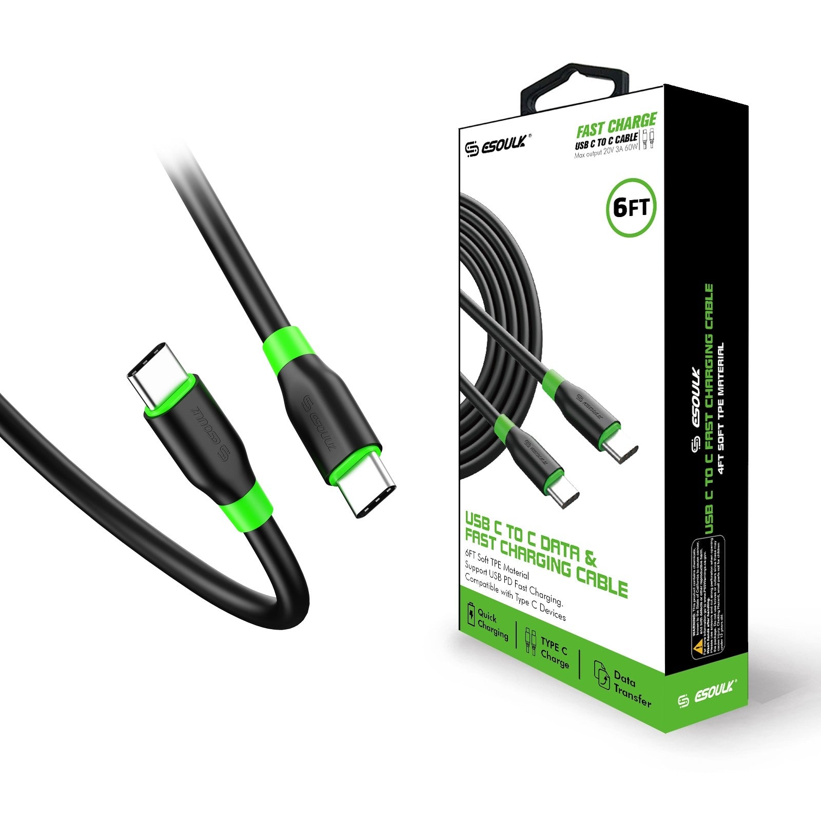 USB-C to USB-C Fast Charging Cable – 6ft Soft TPE, Supports USB PD, Tangle-Free Design, Rapid & Safe Charging with Built-In Protections, Black