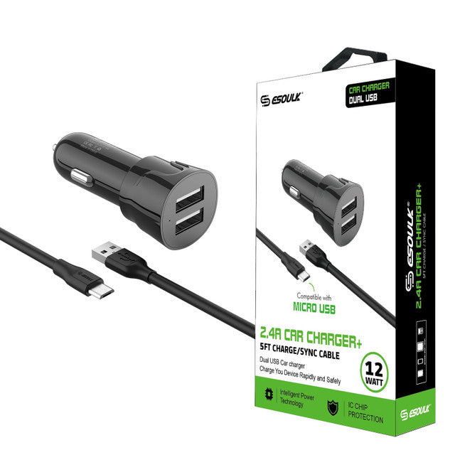 Esoulk EC43P-MU-BK 12W Dual USB Car Charger – 2.4A Output, Includes 5FT Micro USB Cable, Rapid & Safe Charging, Black, Ideal for Travel & Daily Use