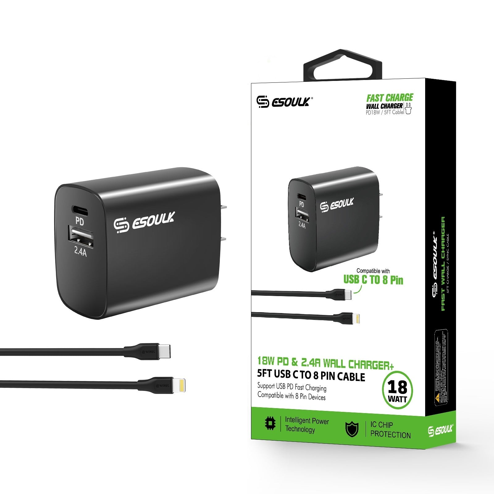 18W PD Fast Charger with 5ft Type-C to 8-PIN Cable – Rapid Charging, 2.4A Power Adapter, Durable Design, Universal Compatibility for Apple Devices