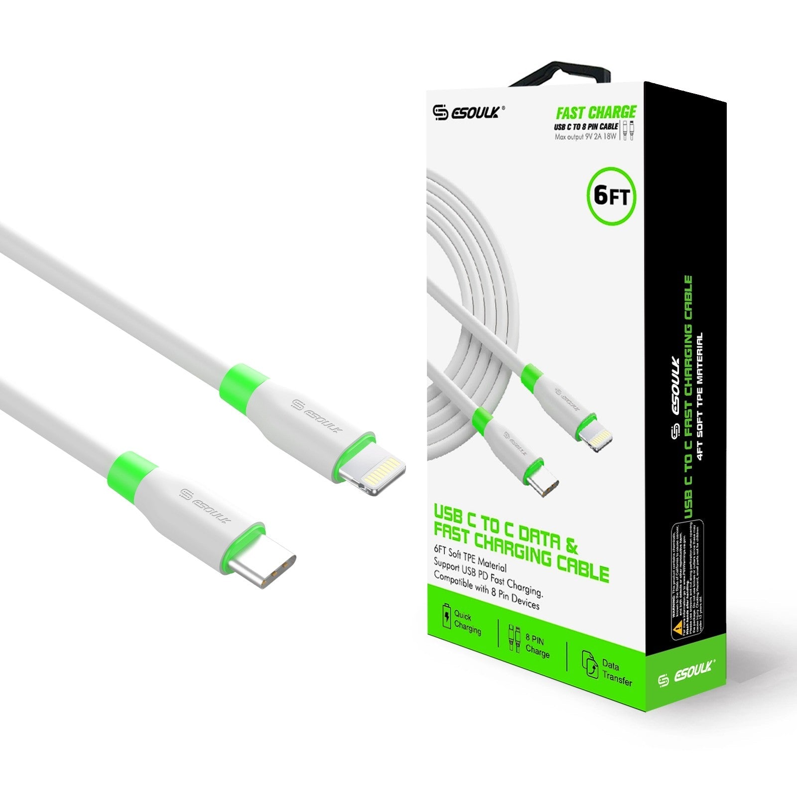Type-C to 8-PIN Fast Charging Cable – 6ft Soft TPE, USB PD Support, Tangle-Free, Safe & Rapid Charging, Universal Compatibility with Apple Devices