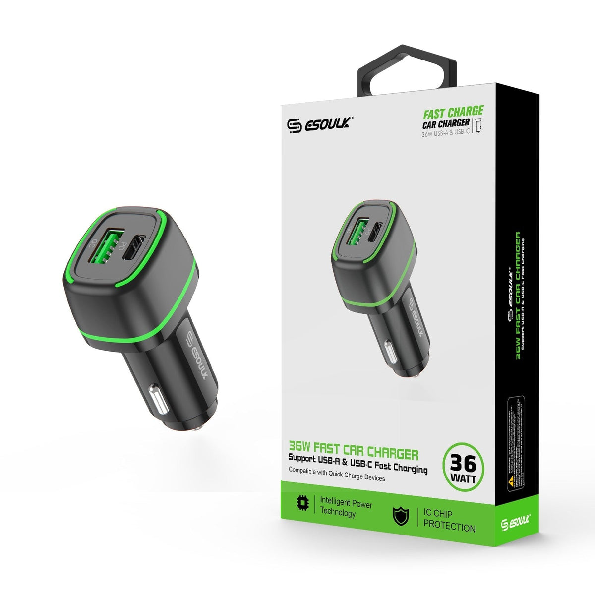 Esoulk EA15-BK 36W dual port USB-C and USB-A car charger, black – main product view