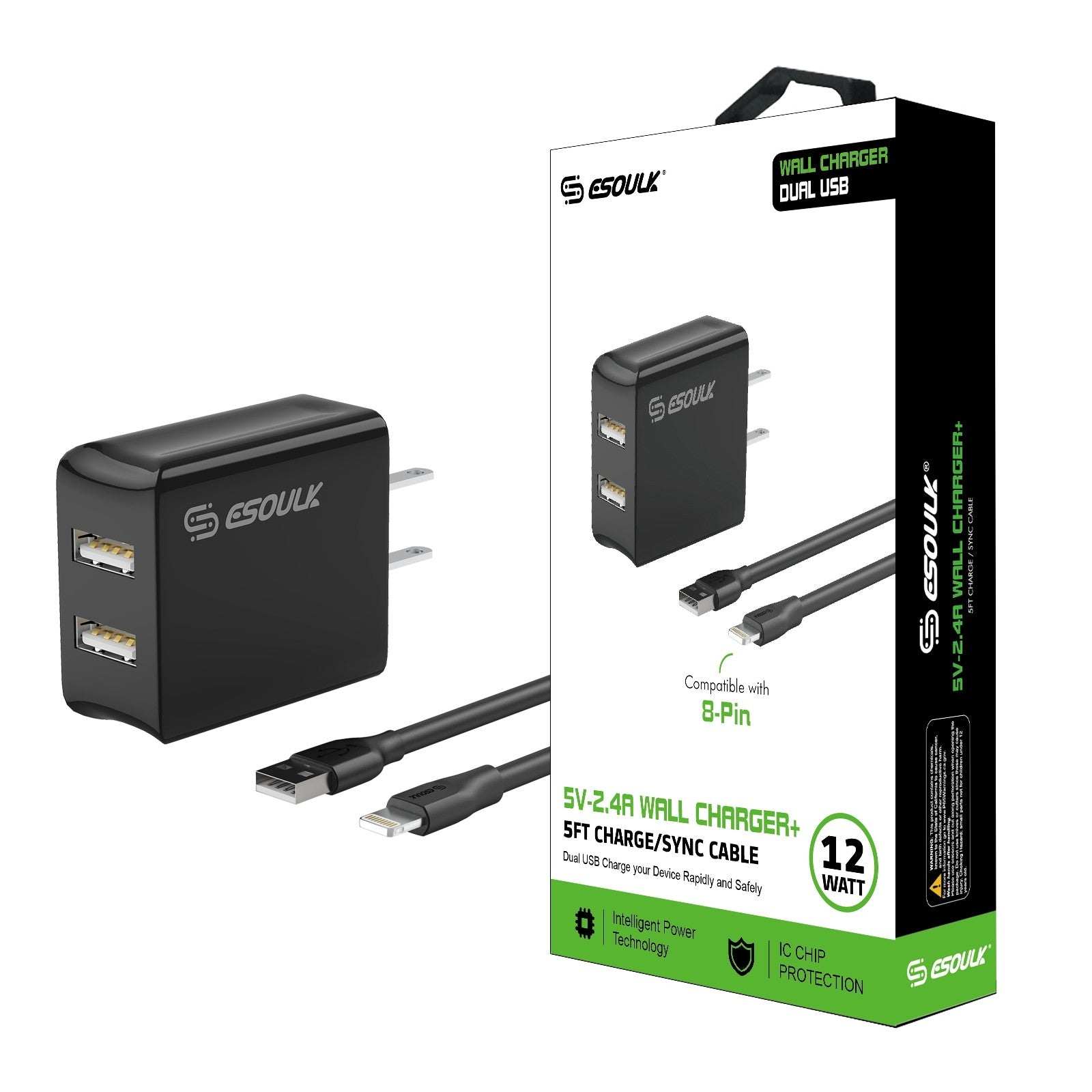 12W Dual USB Wall Charger with 5FT Cable – 2.4A Rapid Charging, Safe & Compact, Universal Compatibility, Ideal for iPhone XS Max/XS/XR/X/8/7 and More