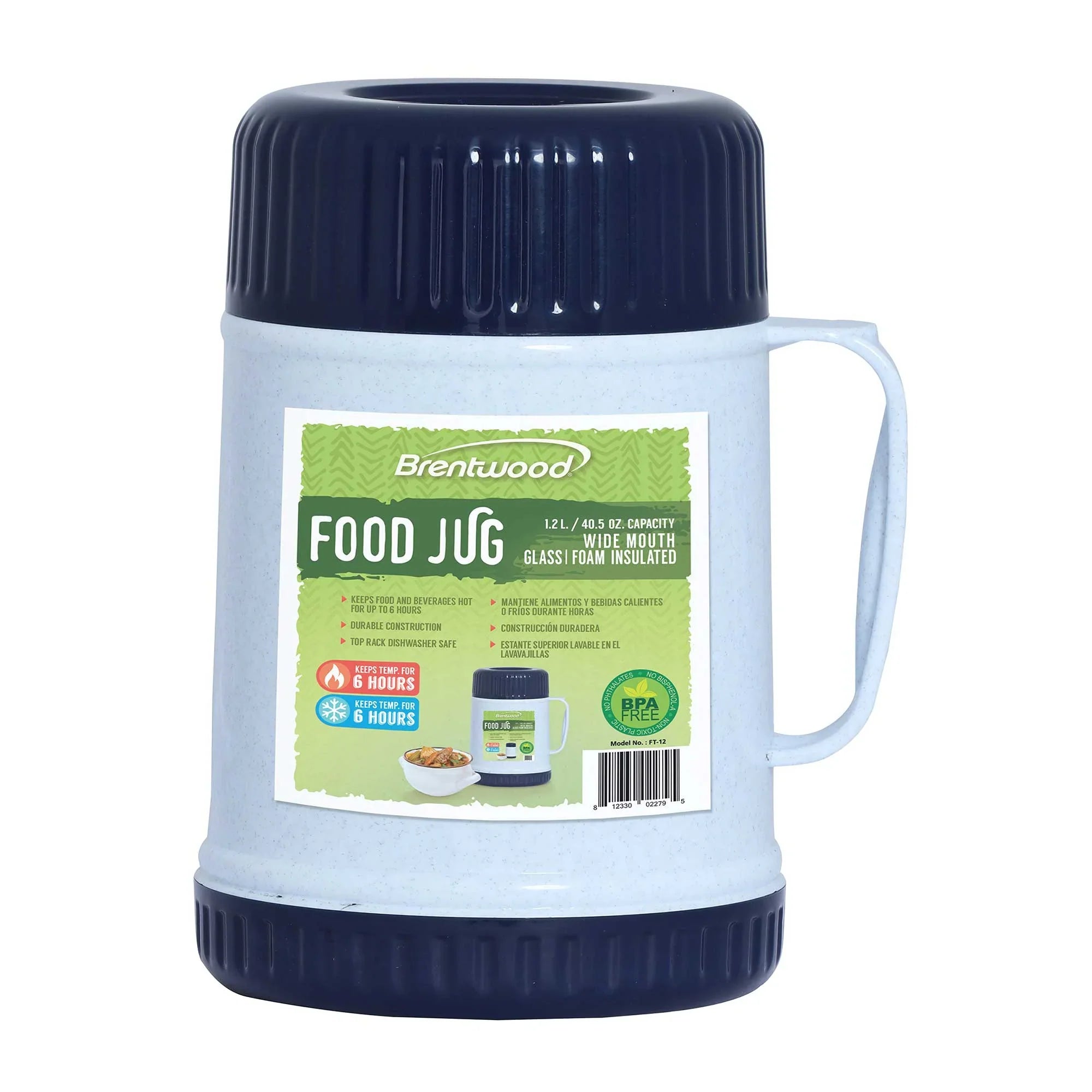 Brentwood FT-12 Wide Mouth Food Jar – 40oz Capacity, Hot or Cold Up to 6 Hours, Double Wall Insulation, 2-in-1 Lid & Bowl, BPA-Free, Dishwasher Safe, Blue/White