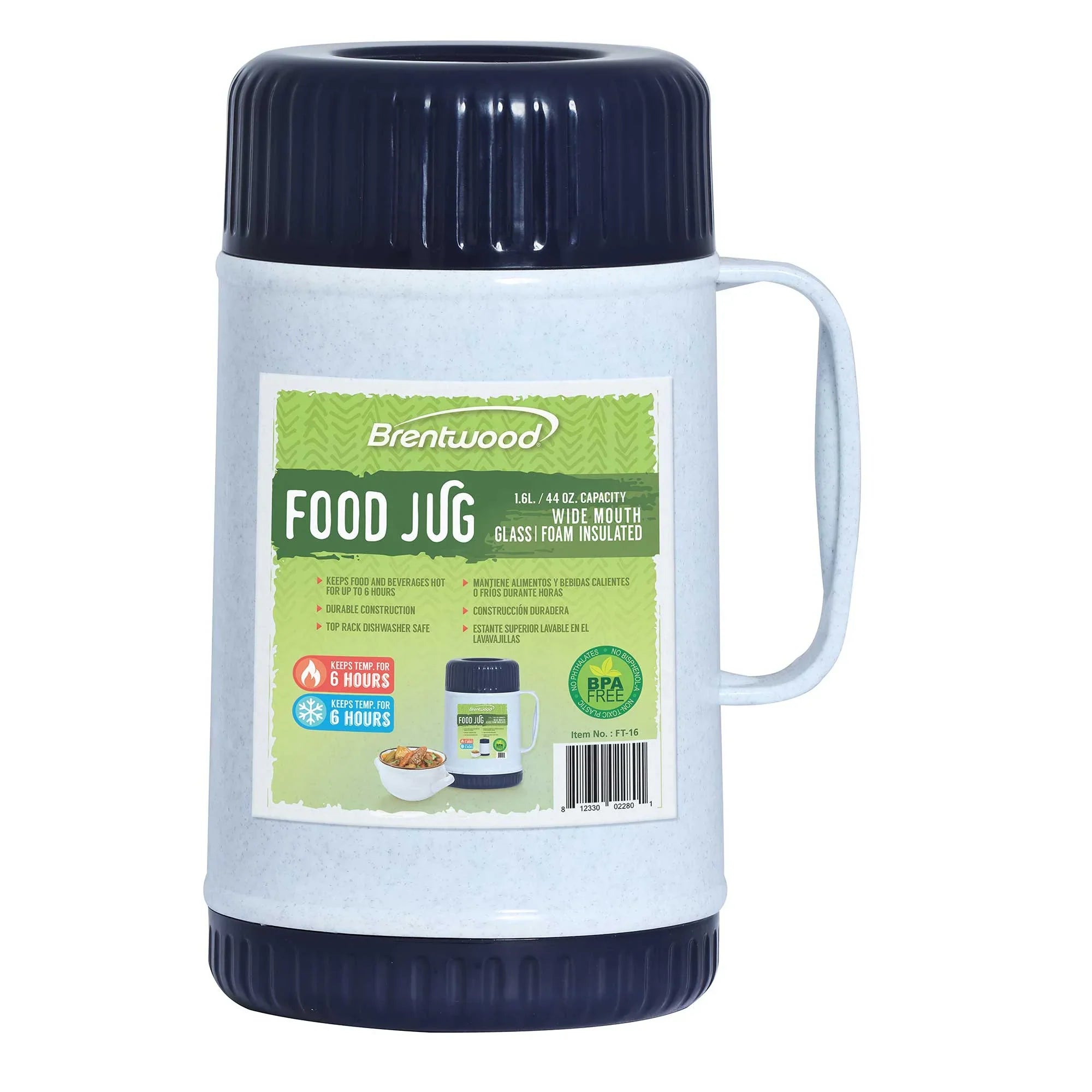 Brentwood FT-16 Wide Mouth Food Jar – 44oz Capacity, Hot or Cold Up to 6 Hours, Double Wall Insulation, 2-in-1 Lid & Bowl, BPA-Free, Dishwasher Safe, Blue/White