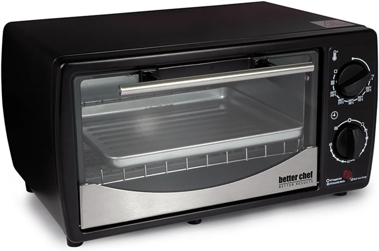 Better Chef 4-Slice Toaster Oven – 60-Min Timer, Slide-Out Rack, Bake Tray, Broil Function, Ready Indicator Light, Compact Design, Black