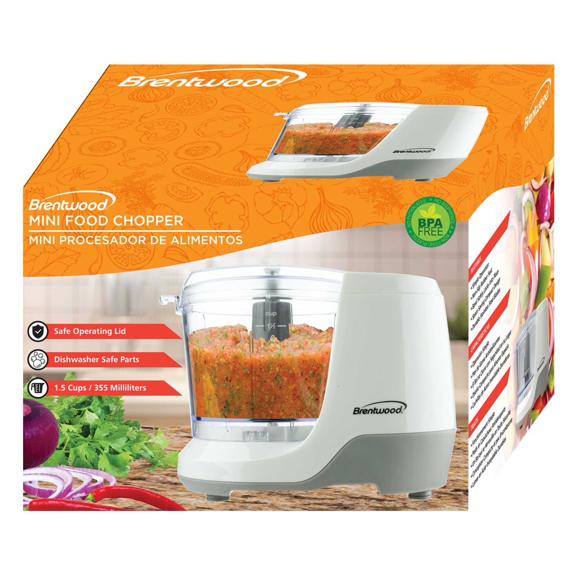 Brentwood MC-109W Mini Food Chopper – 1.5 Cup Capacity, Stainless Steel Blades, Safety Lock, Compact & Easy to Clean, 100W, White