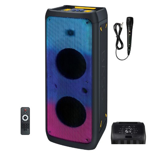 2x 10” Portable Bluetooth® Speaker with TWS – Dual 10” Woofers, LED Light Show, Bluetooth 5.0, USB/SD/AUX/FM, 60W Output, Rechargeable Battery, Mic Input, Includes Remote & Mic