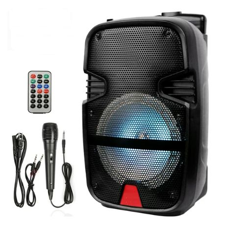 Portable Bluetooth Trolley Speaker – 8” Rechargeable PA System, Mic Input, Remote, RGB LED Lights, FM/USB/AUX/TF, Echo, Bass & Treble Controls, Black