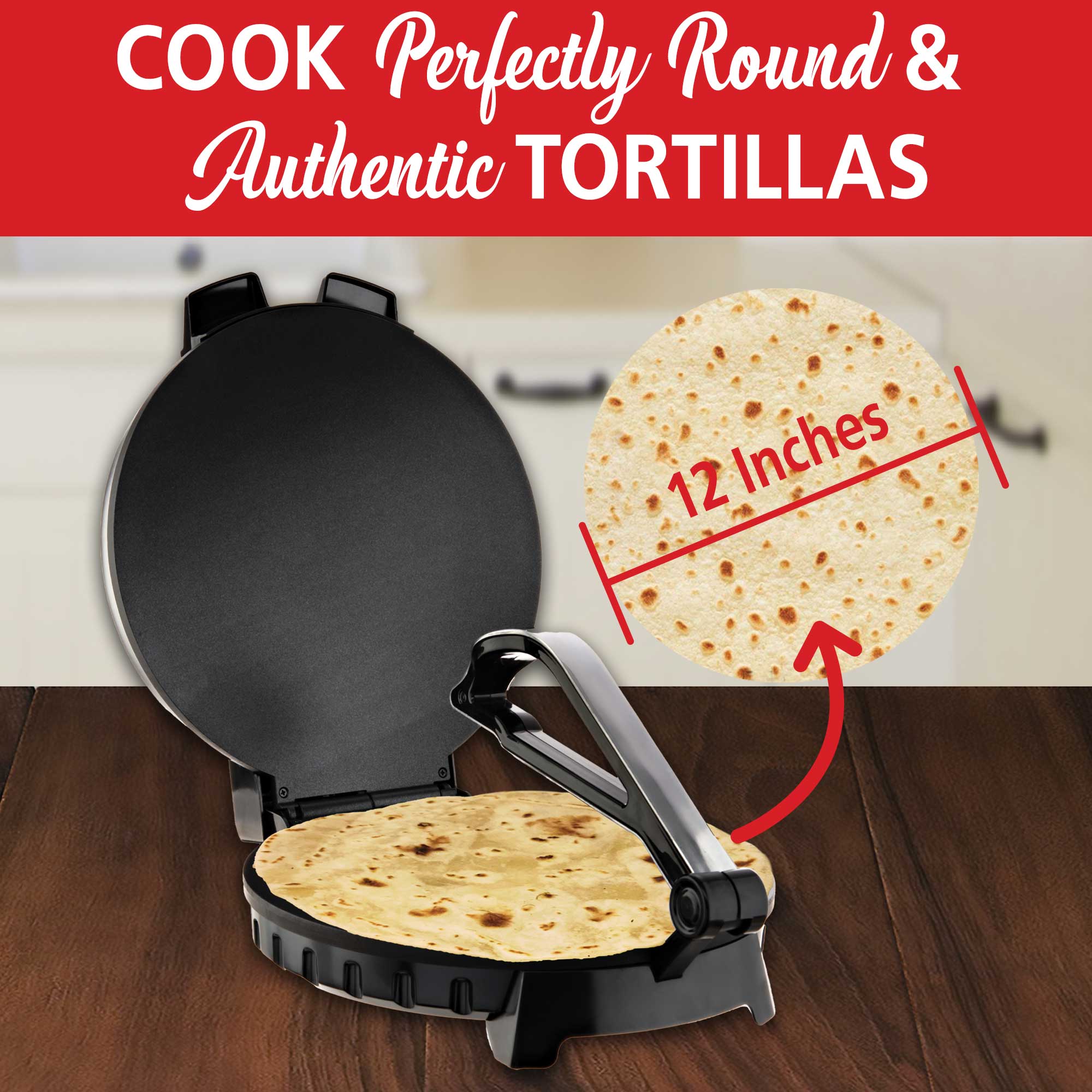 Brentwood TS-129 Electric Tortilla Maker – 12-Inch, Nonstick Plates, Adjustable Heat, Stainless Steel, 1200W, Makes Tortillas, Roti, Chapati