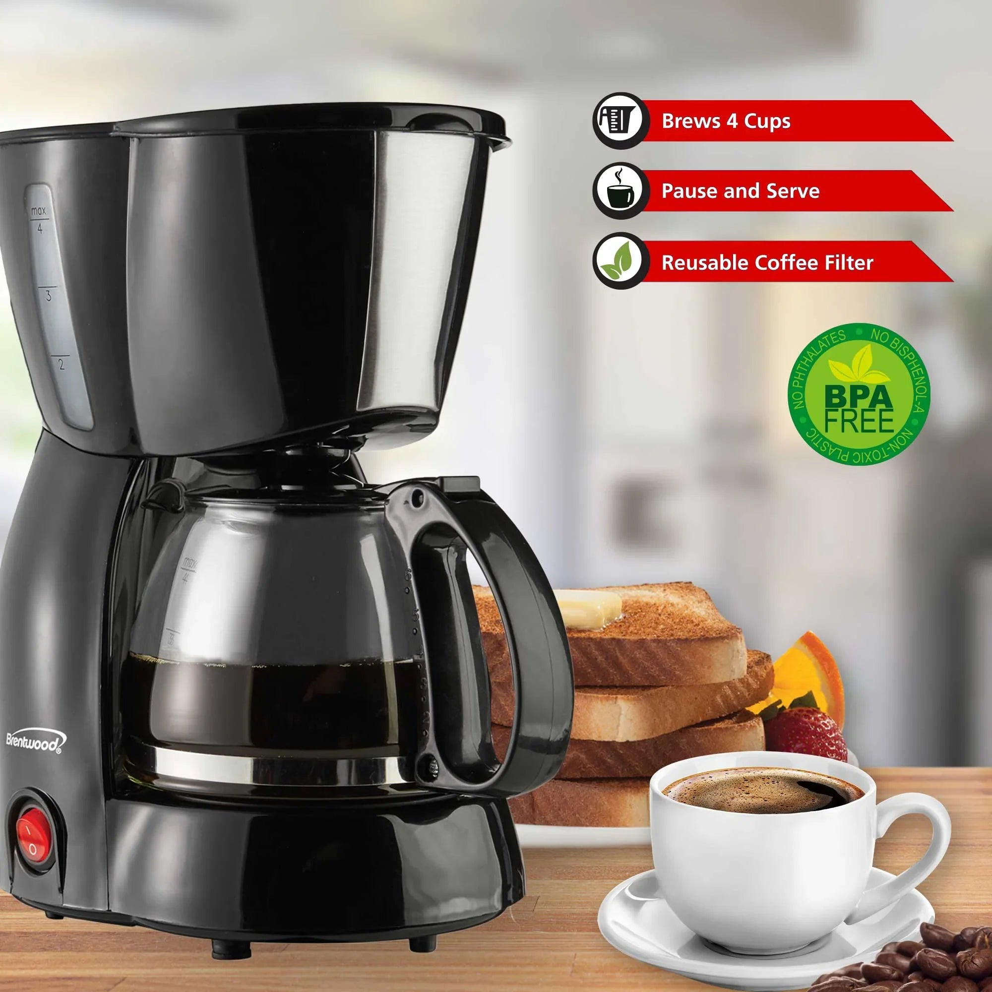 Brentwood 4-Cup Coffee Maker – Cool Touch, Anti-Drip, Glass Carafe, Warming Plate, 650W cETL Approved - Black