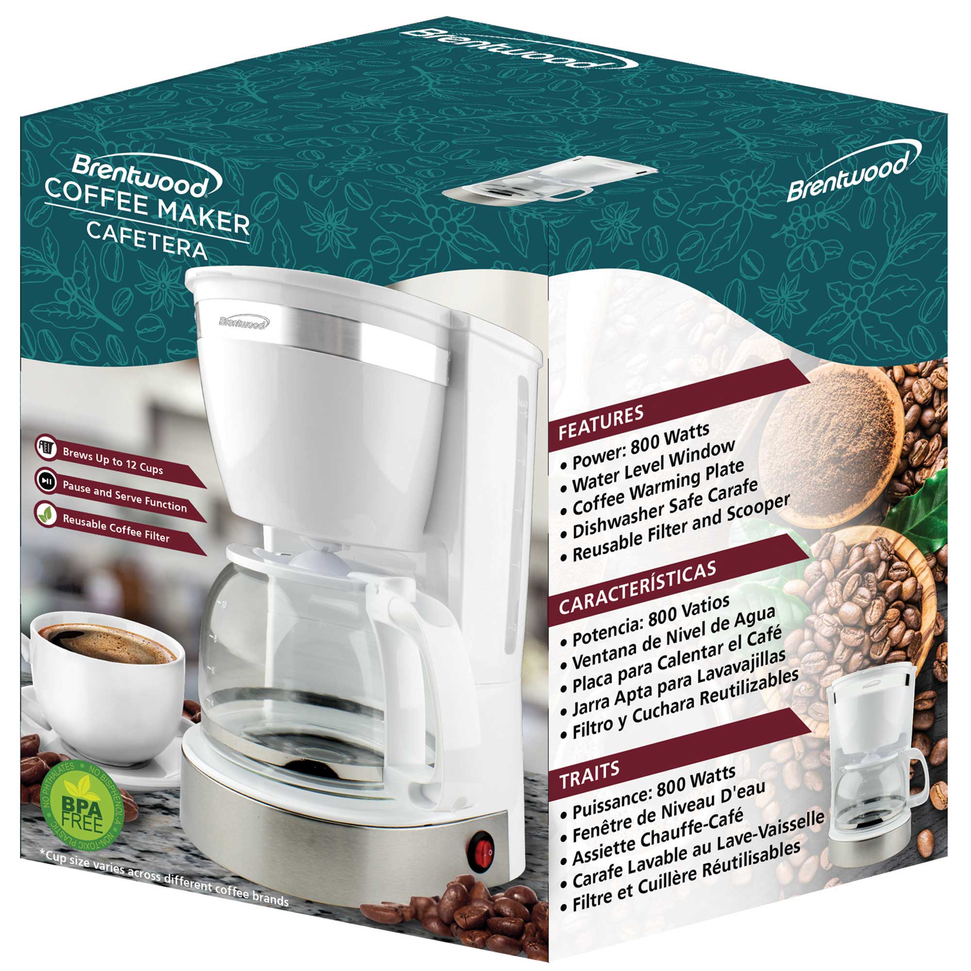 Brentwood TS-215W 12-Cup Coffee Maker – Pause & Serve, Reusable Filter & Scooper, Warming Plate, Water Level Window, BPA-Free, White