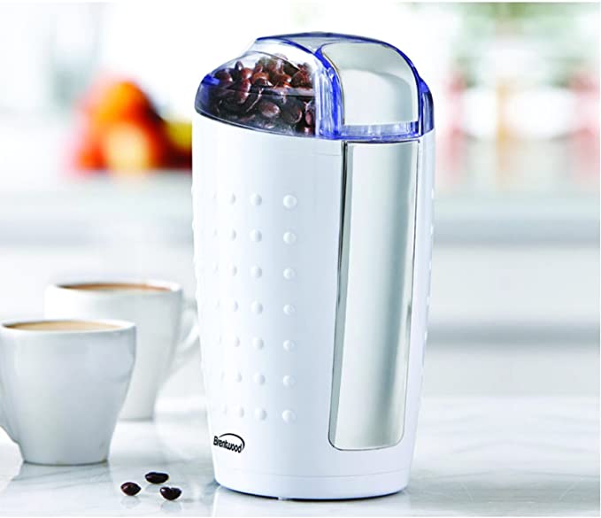 Brentwood CG-158W Coffee & Spice Grinder – 4oz Capacity, One-Touch Operation, Stainless Steel Blades, Safety Lock, 150W, Clear Top, White/Silver