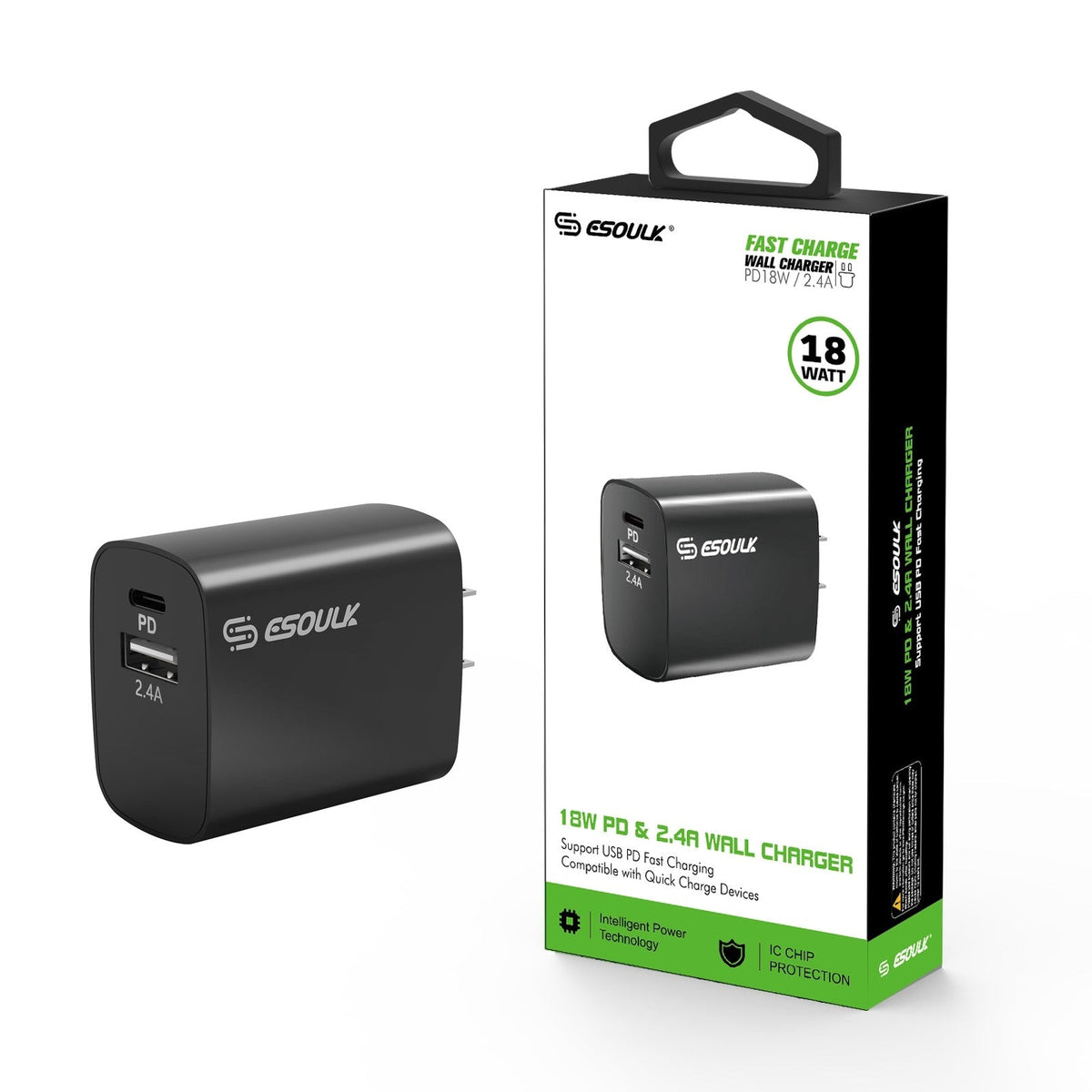 Esoulk EA12P-BK 18W PD USB-C and USB-A wall charger, black – main product view