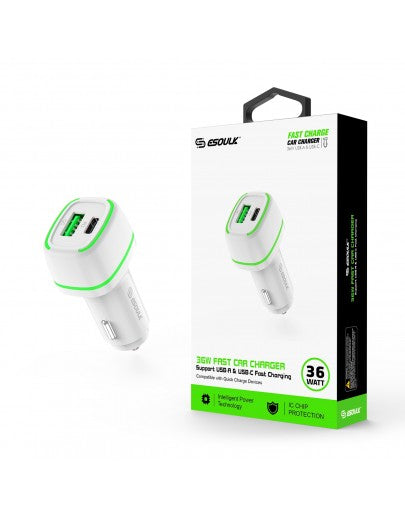 Esoulk EA15-WH 36W dual port USB-C and USB-A car charger, white – main product view