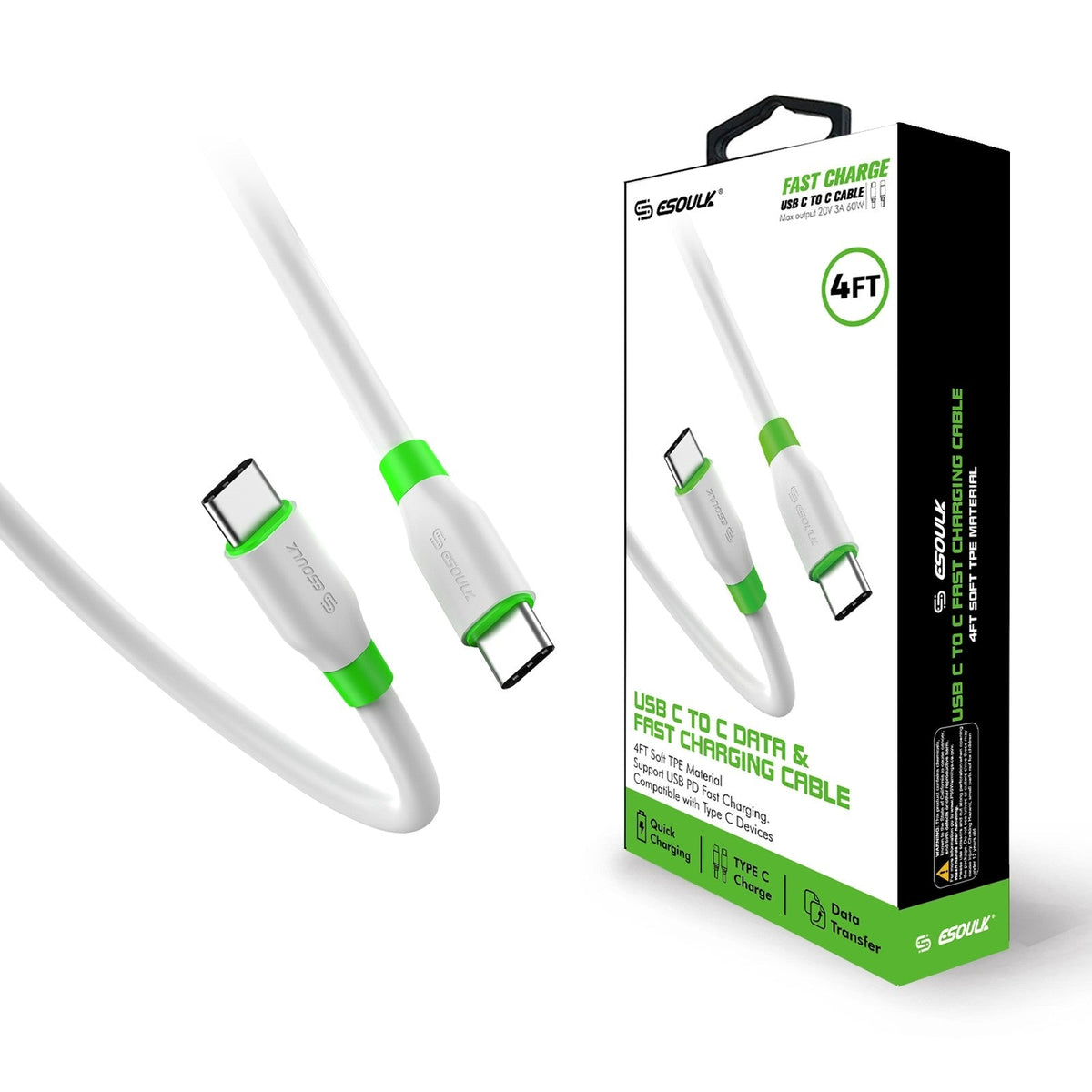 Esoulk EC33P-CC 4 ft USB-C to USB-C cable, white, with retail box
