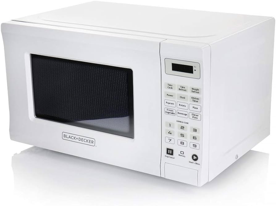 West Bend EM720CPI-PM Compact Microwave Oven – 0.7 Cu. Ft., 700W, 6 Presets, 11 Power Levels, LED Display, 8.5” Turntable, Space-Saving Design, White