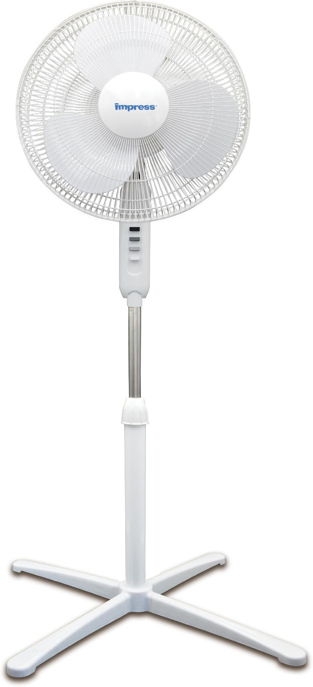 Impress 16” Oscillating Stand Fan – 3 Speeds, 90° Oscillation, Push Button Controls, Front Safety Grill, Pedestal Design, White