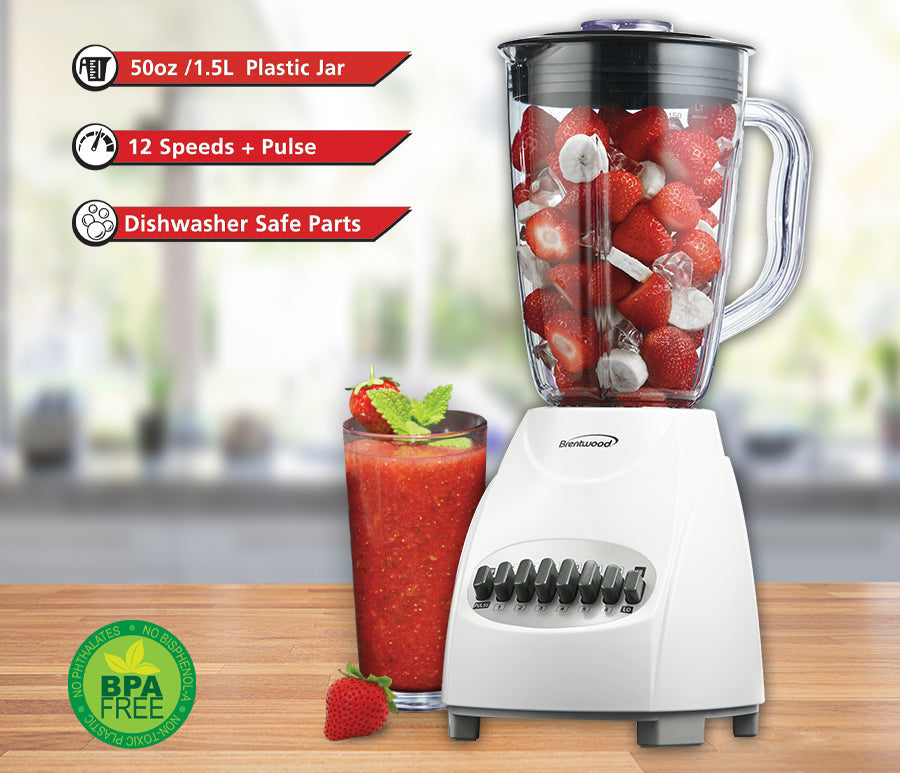 Brentwood 12-Speed White Blender with 1.5L Plastic Jar and Non-Skid Base – 350W Power, cETL Approved