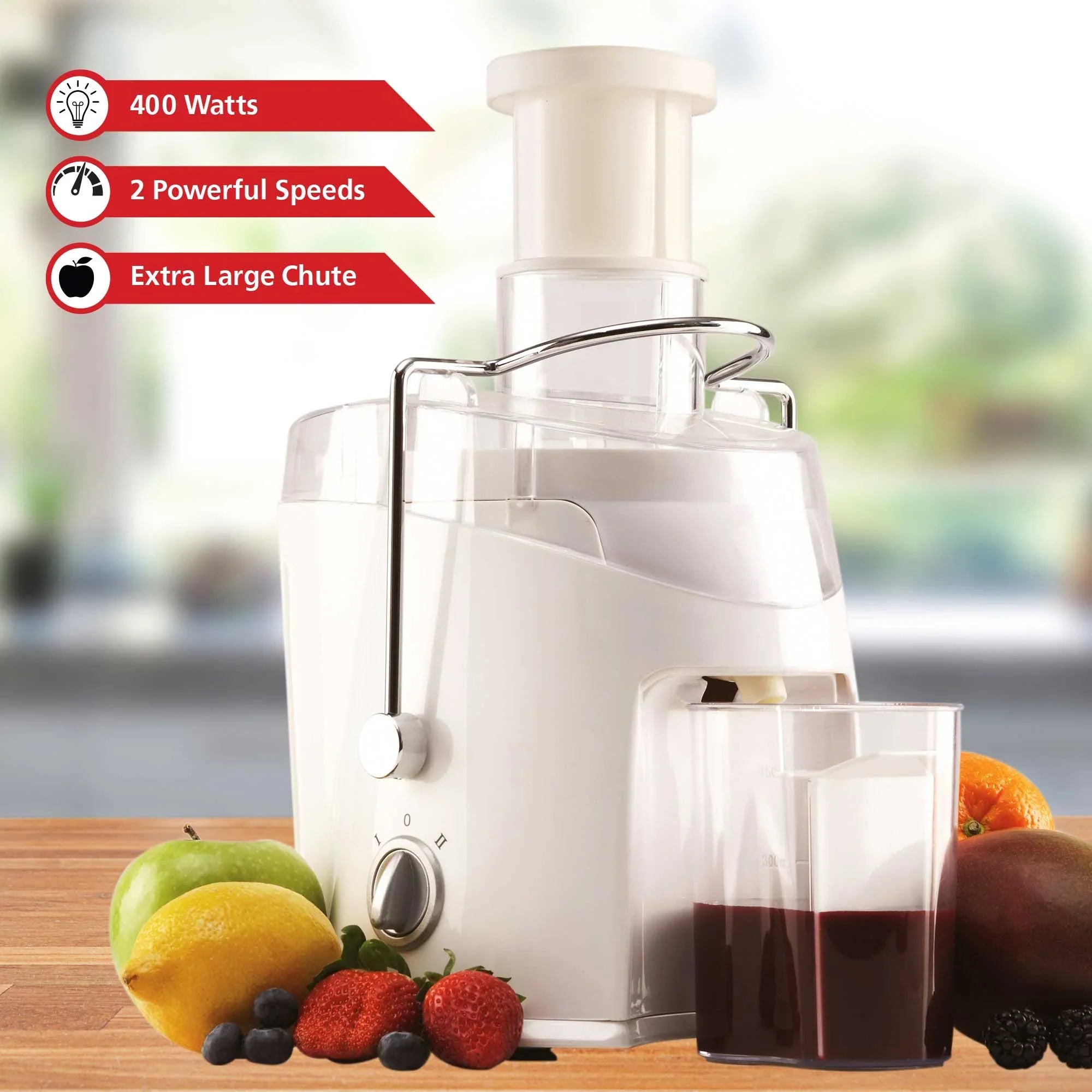 Brentwood Juice Extractor – White, 2-Speed Control, Wide Feeder, 350ml Jar, 400W Power, cETL Approved