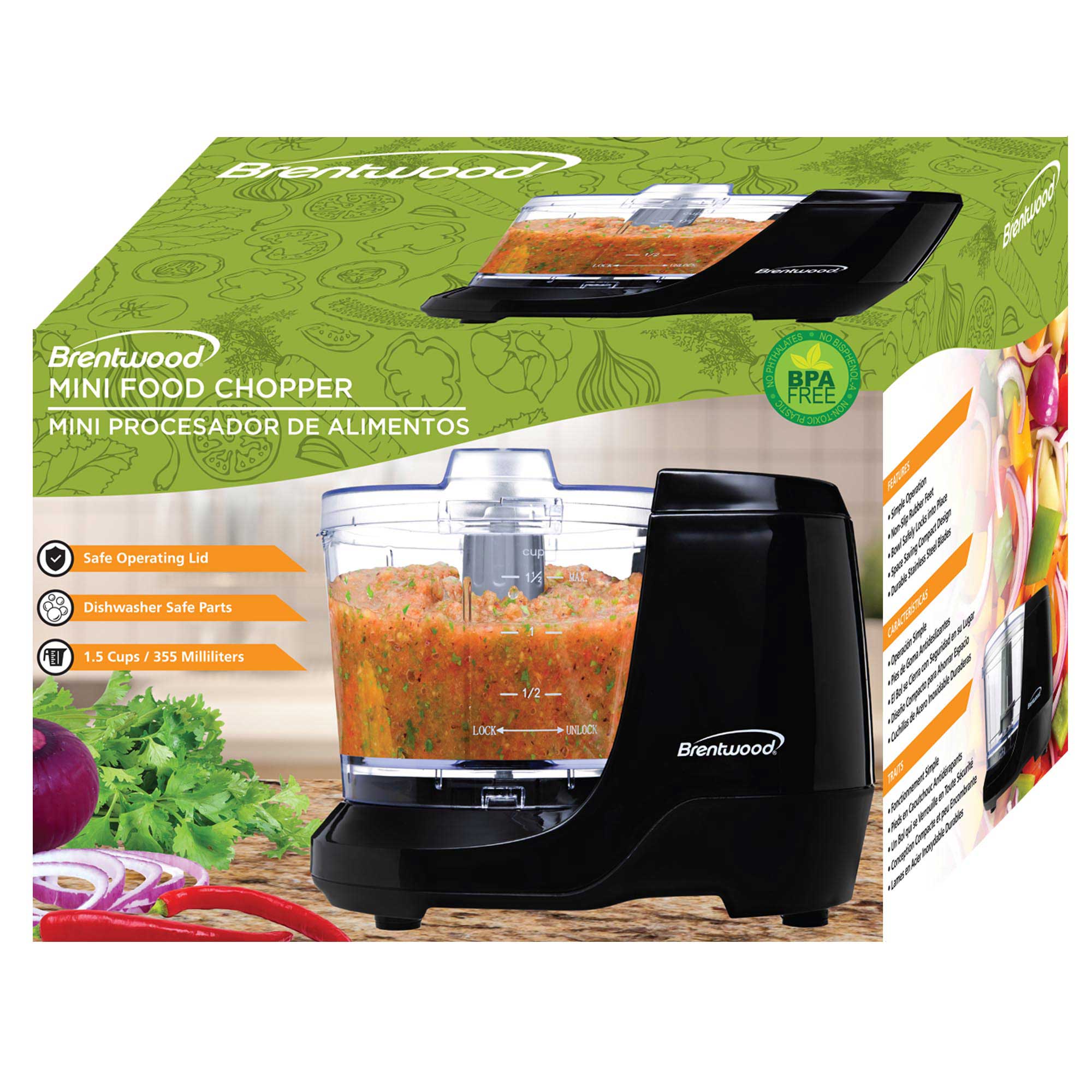 Brentwood MC-109B Mini Food Chopper – 1.5 Cup Capacity, Stainless Steel Blades, Safety Lock, Compact & Easy to Clean, 100W, Black