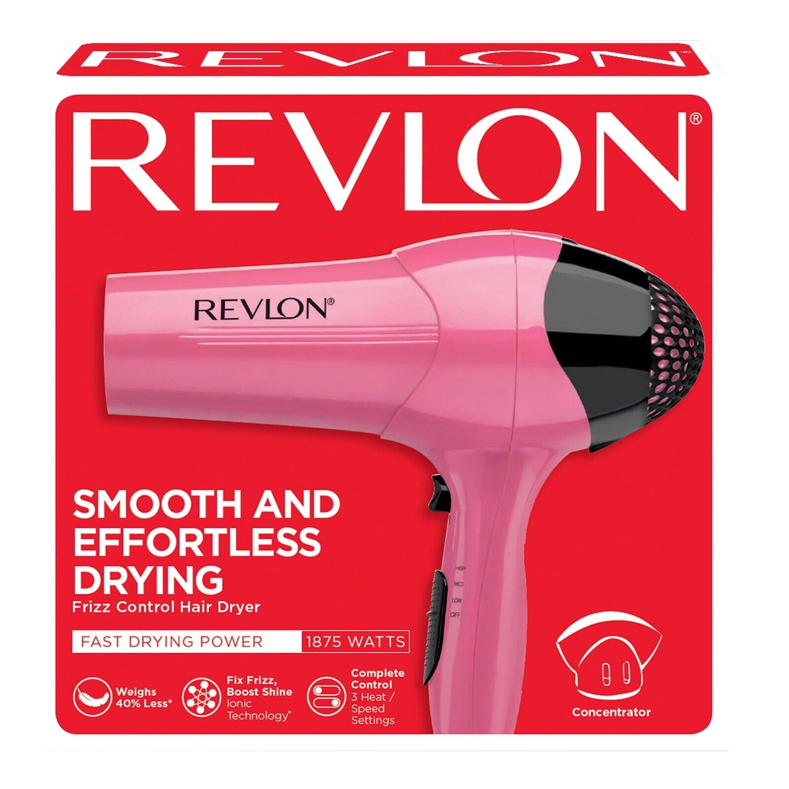 Revlon RV474 Essentials Frizz Control Styler – 1875W Hair Dryer with Ionic Technology, 3 Heat/Speed Settings, Lightweight Design, Concentrator Attachment, Hanging Ring, Pink (Case of 3)