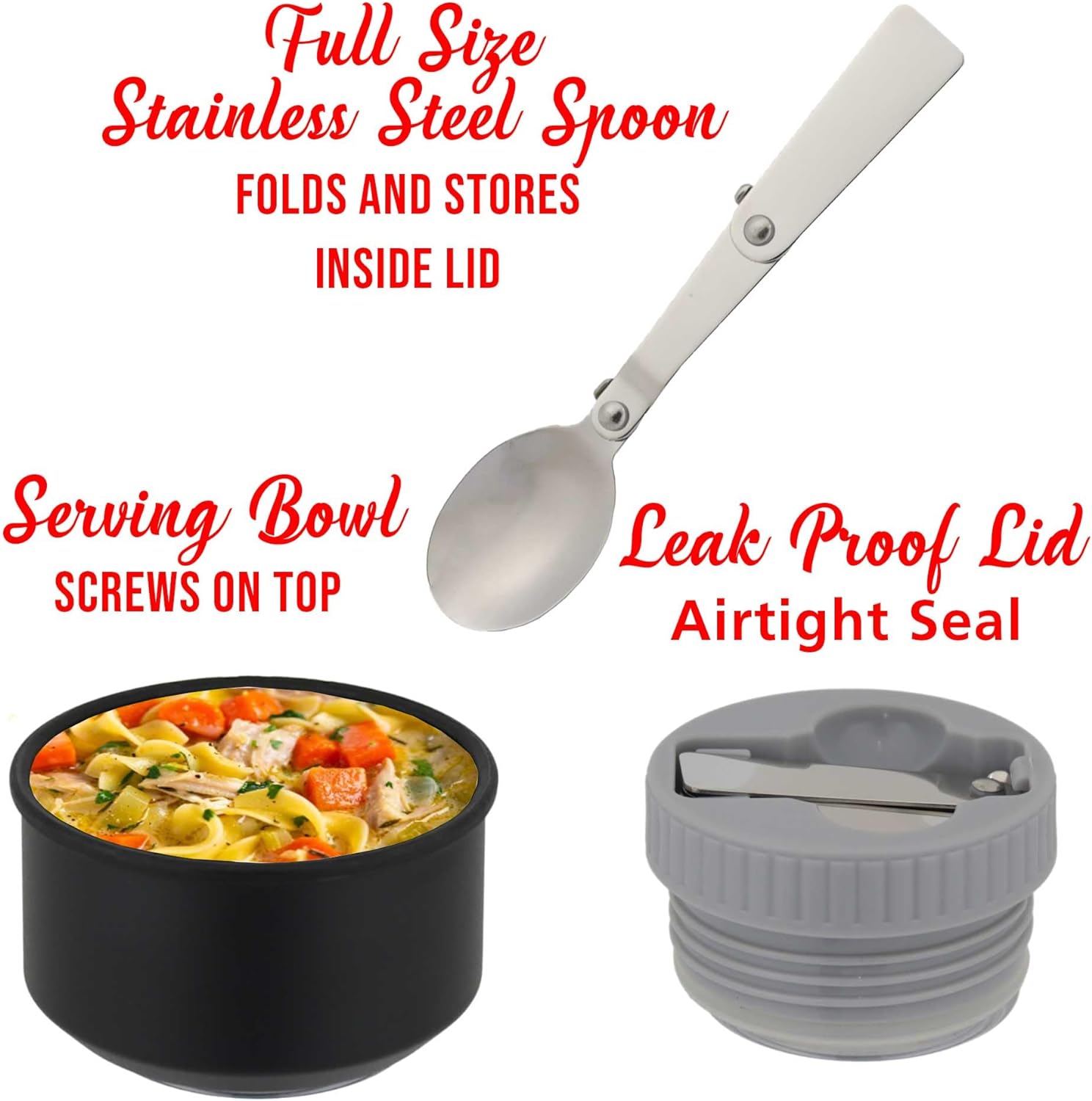 BRENTWOOD GEOJUG FTS-500BK 17oz Vacuum Insulated Stainless Steel Food Jar with Bowl and Folding Spoon, Black