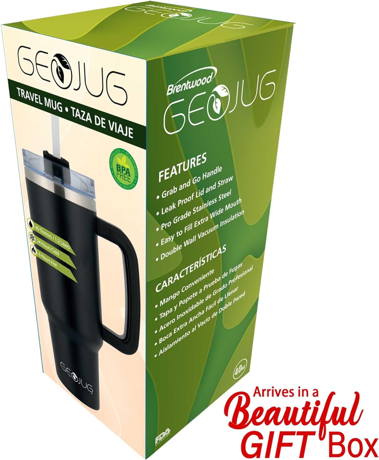 Brentwood GEOJUG Insulated Stainless Steel Tumbler Cup with Handle, Lid, and Straw, 40oz, Black