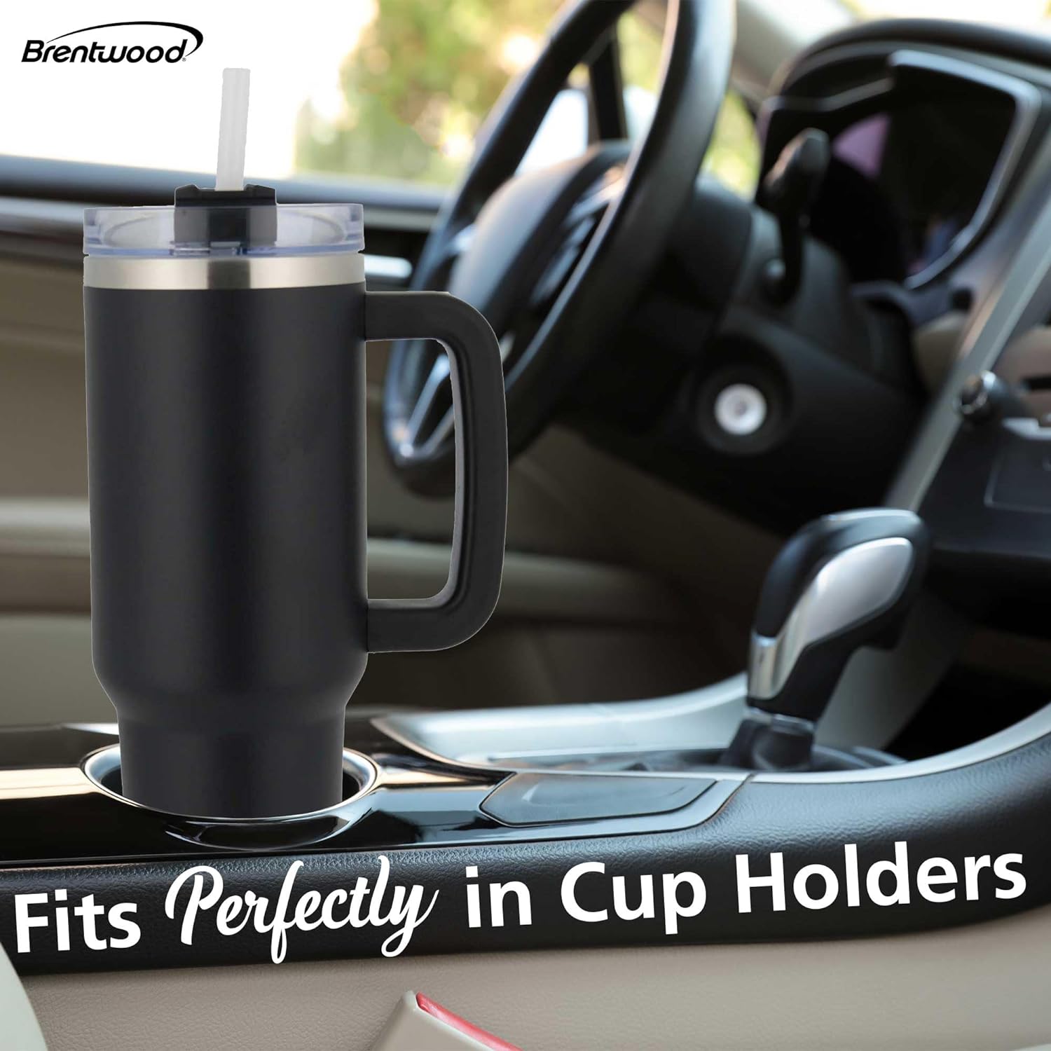 Brentwood GEOJUG Insulated Stainless Steel Tumbler Cup with Handle, Lid, and Straw, 40oz, Black