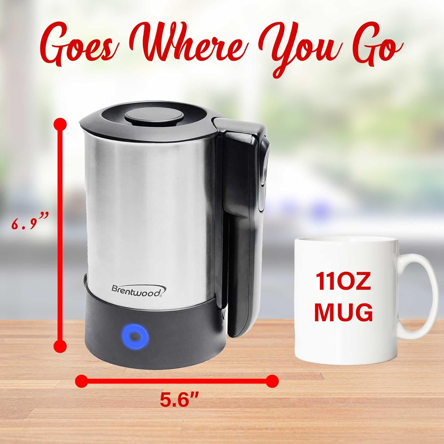 Brentwood KT-1506S 20 Ounce Dual Voltage 110-240v Stainless Steel Electric Travel Kettle