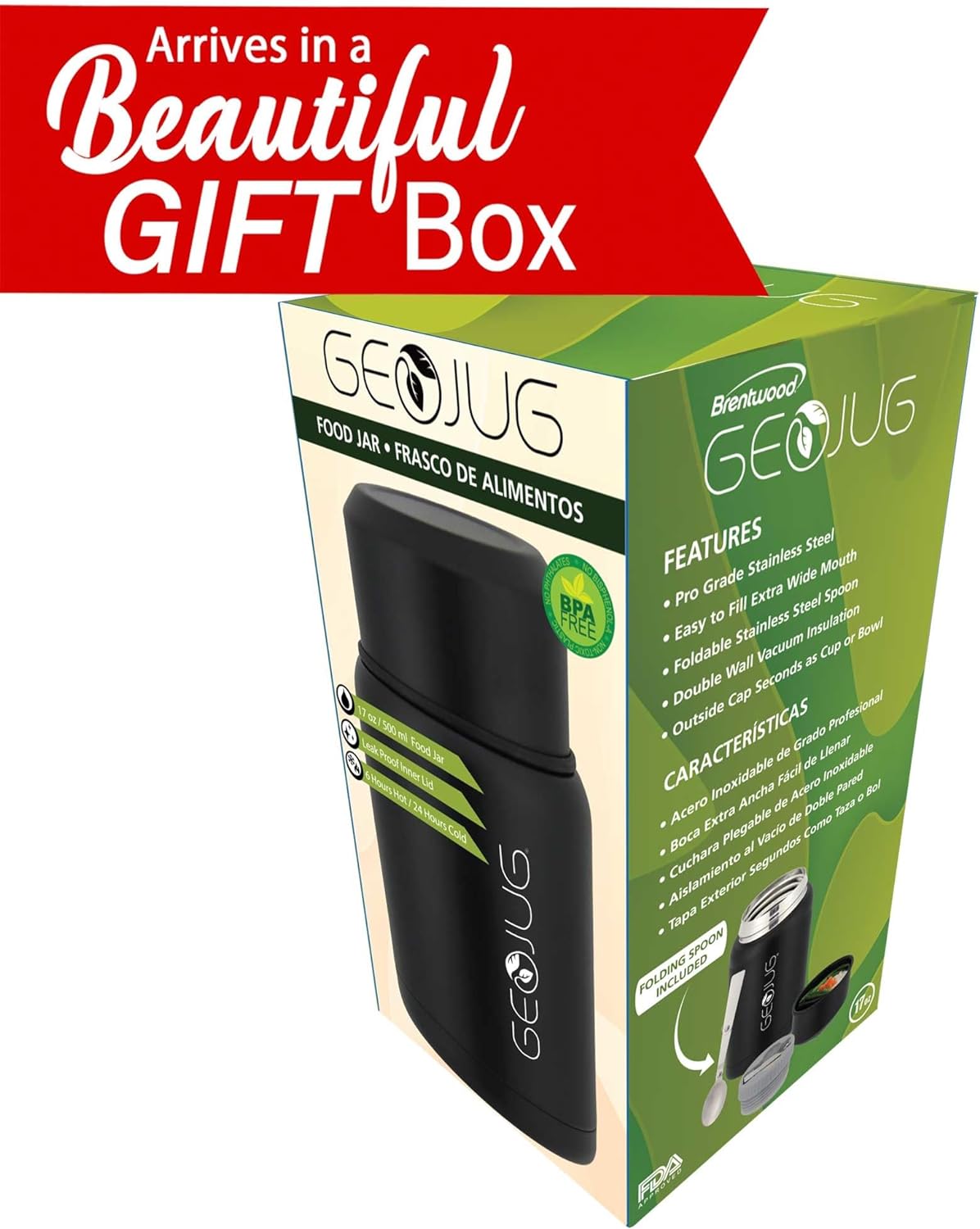 BRENTWOOD GEOJUG FTS-500BK 17oz Vacuum Insulated Stainless Steel Food Jar with Bowl and Folding Spoon, Black