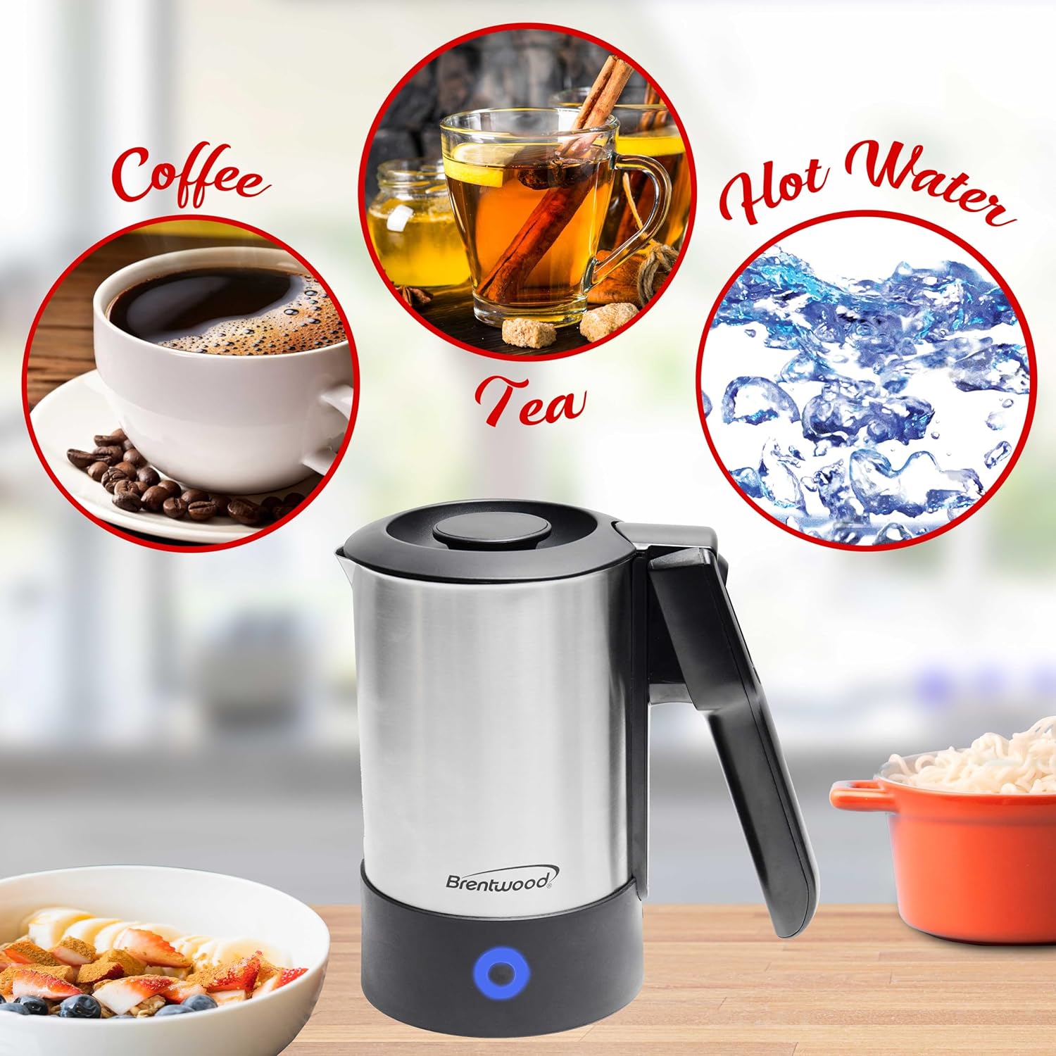 Brentwood KT-1506S 20 Ounce Dual Voltage 110-240v Stainless Steel Electric Travel Kettle