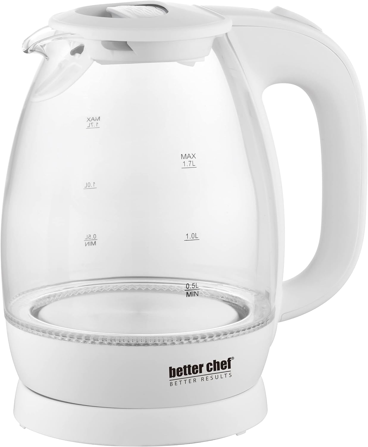 Better Chef Cordless Electric Glass Kettle | 7-Cup Borosilicate Glass | LED Light | 360-deg Swivel Base | Auto Boil-Dry Shut-Off (White)