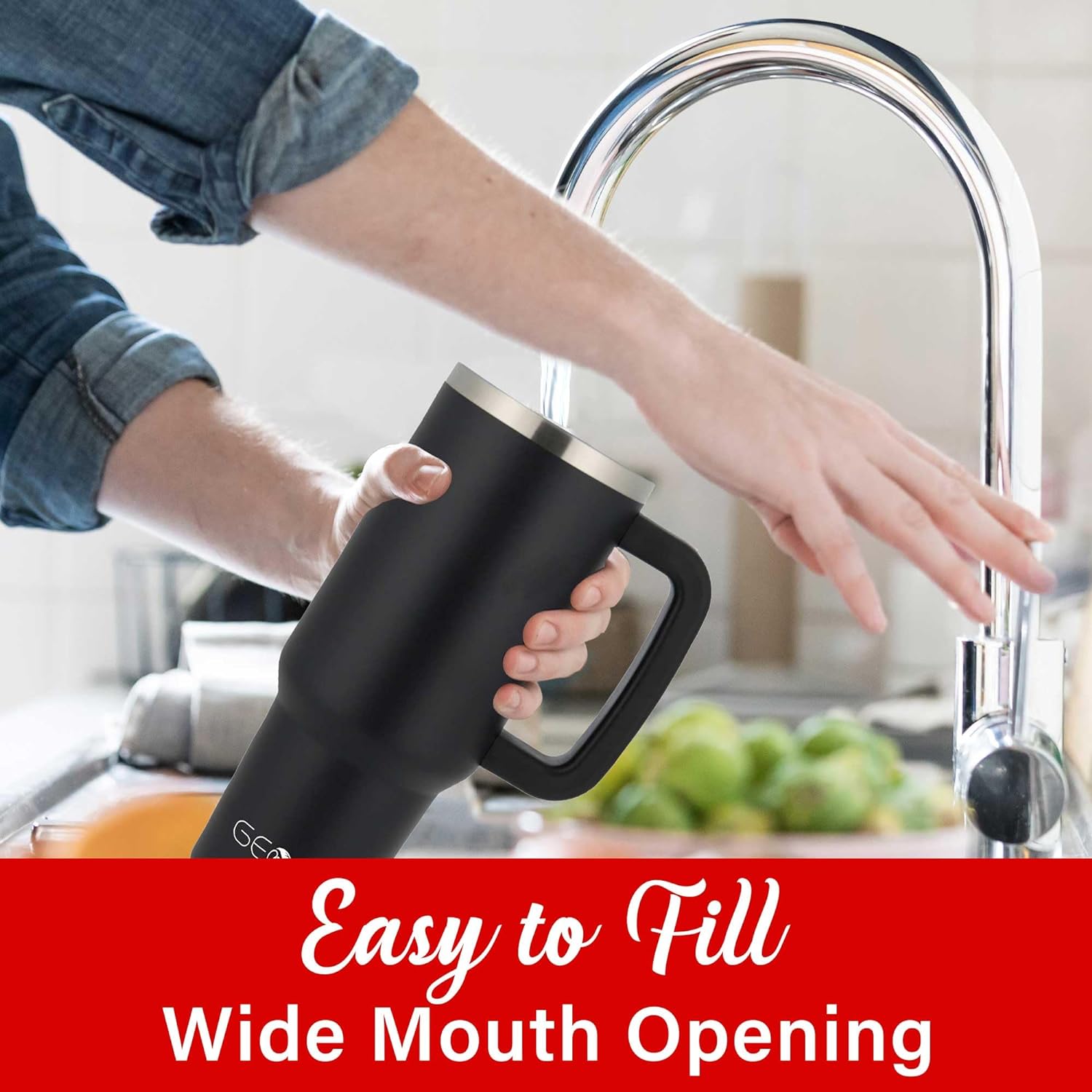 Brentwood GEOJUG Insulated Stainless Steel Tumbler Cup with Handle, Lid, and Straw, 40oz, Black