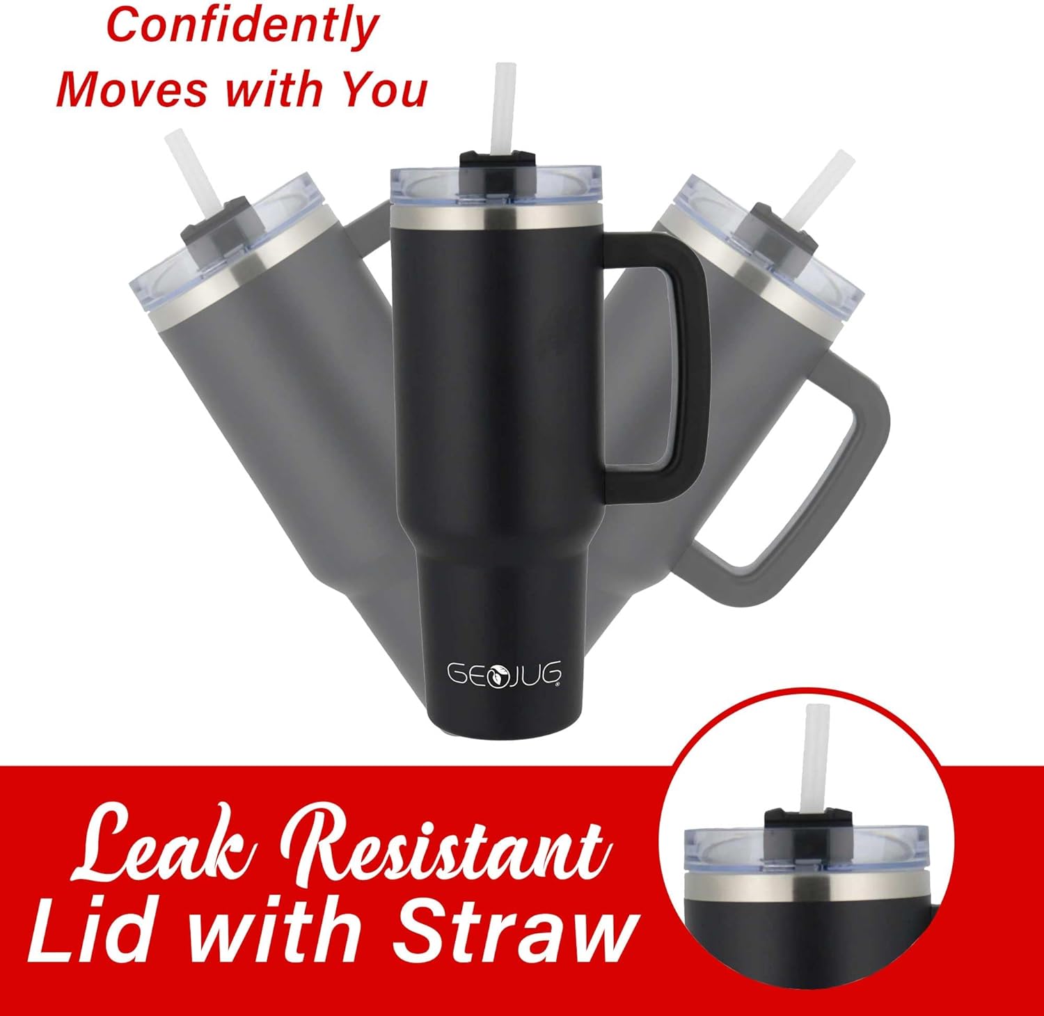 Brentwood GEOJUG Insulated Stainless Steel Tumbler Cup with Handle, Lid, and Straw, 40oz, Black