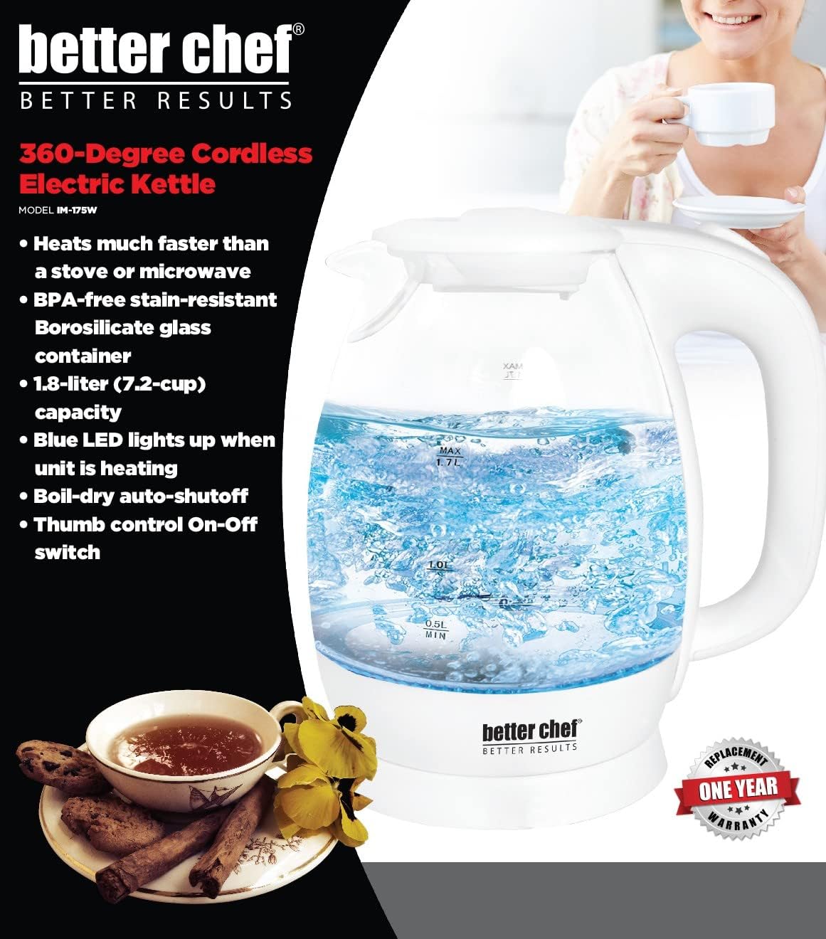Better Chef Cordless Electric Glass Kettle | 7-Cup Borosilicate Glass | LED Light | 360-deg Swivel Base | Auto Boil-Dry Shut-Off (White)