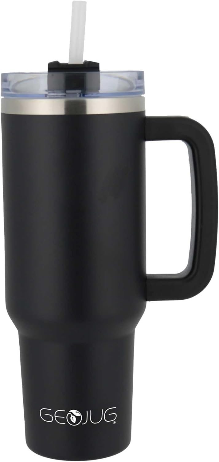 Brentwood GEOJUG Insulated Stainless Steel Tumbler Cup with Handle, Lid, and Straw, 40oz, Black