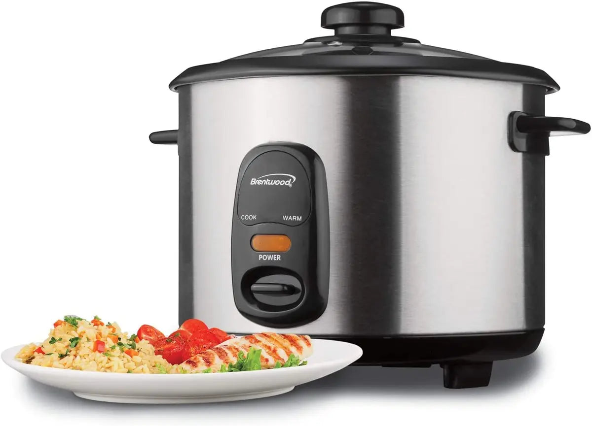 Brentwood TS-15 8-Cup Rice Cooker – 16-Cup Cooked Capacity, One-Touch Operation, Nonstick Pot, Auto Warm, Glass Lid, 500W, Stainless Steel (Silver/Black)