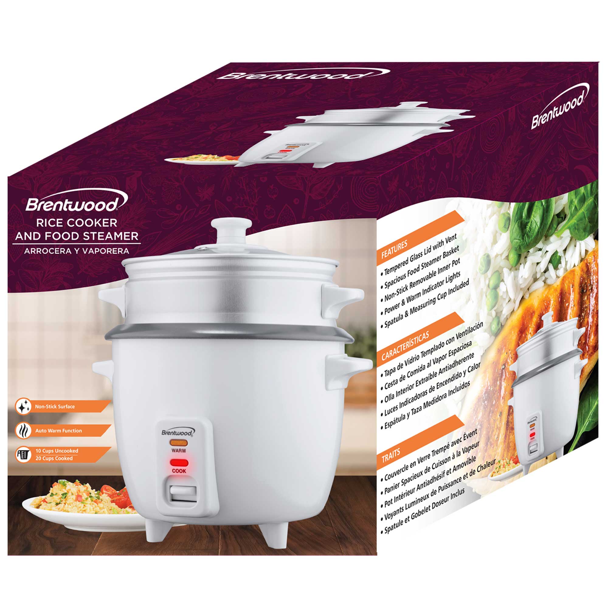 Brentwood TS-380S Rice Cooker & Food Steamer – 10-Cup Uncooked/20-Cup Cooked, One-Touch Operation, Auto Warm, Nonstick Pot, Includes Steam Tray, 700W, White