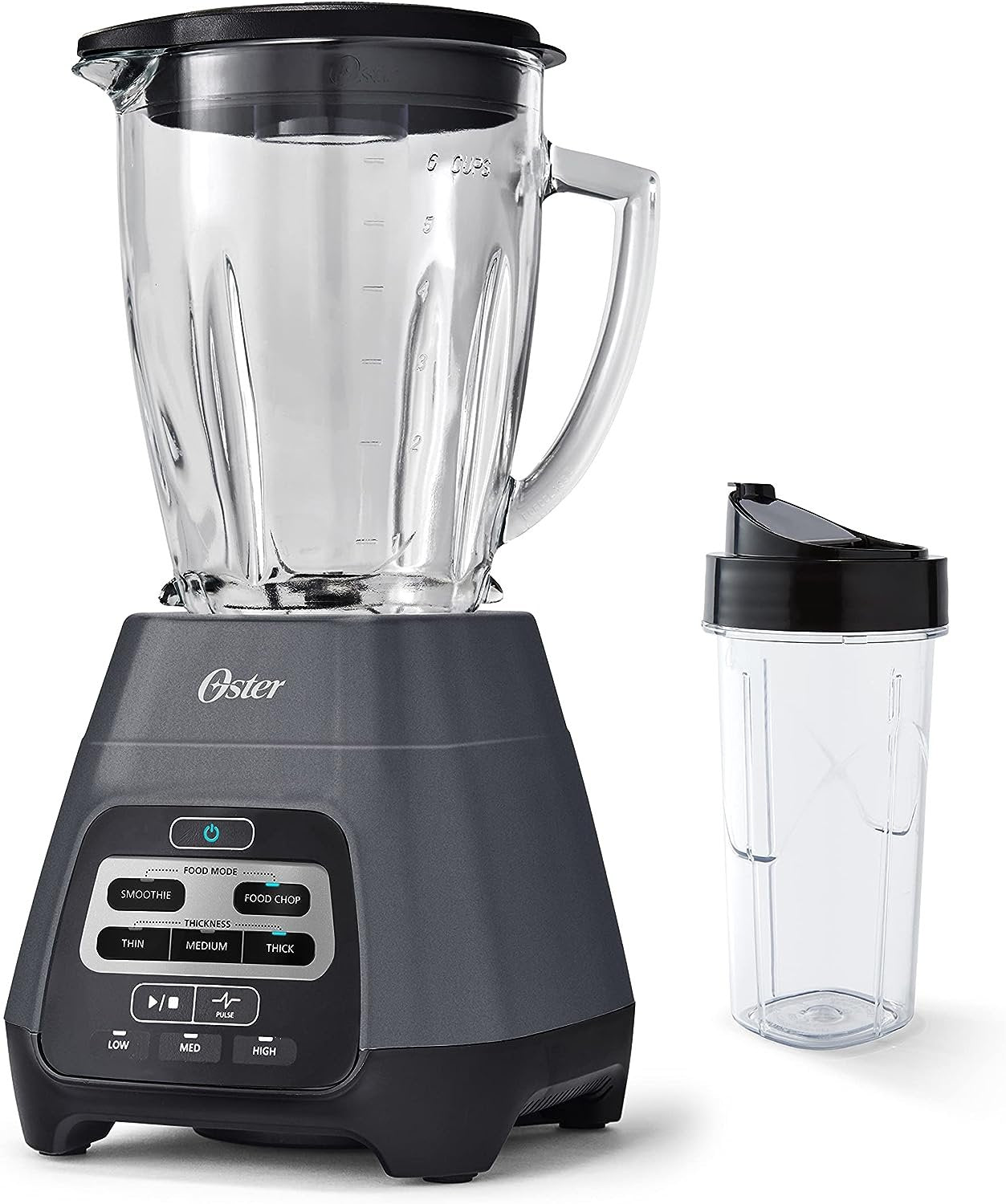 Oster Blender with Texture Select Technology – 800W, 6-Point Stainless Steel Blade, 6-Cup Shatter-Resistant Glass Jar, 24oz Blend-N-Go Cup, 3 Food Modes & 3 Texture Settings, Dishwasher-Safe, 3-Year Guarantee