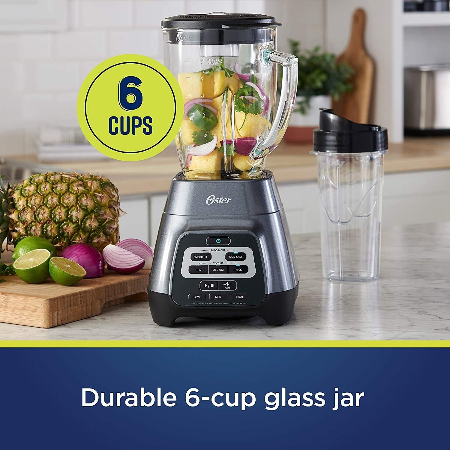 Oster Blender with Texture Select Technology – 800W, 6-Point Stainless Steel Blade, 6-Cup Shatter-Resistant Glass Jar, 24oz Blend-N-Go Cup, 3 Food Modes & 3 Texture Settings, Dishwasher-Safe, 3-Year Guarantee