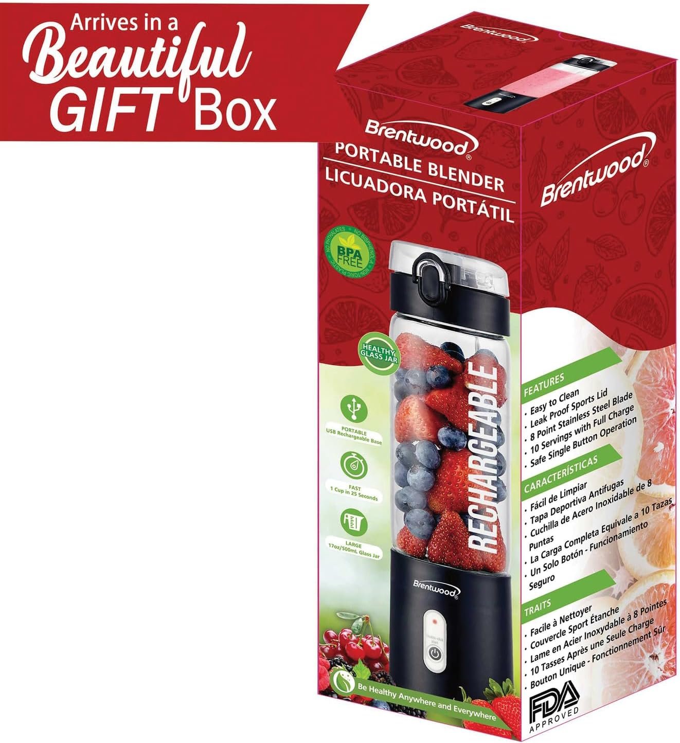 BRENTWOOD RJB-100BK Portable Battery-Operated USB-Chargeable Glass Blender, 17 oz, Black