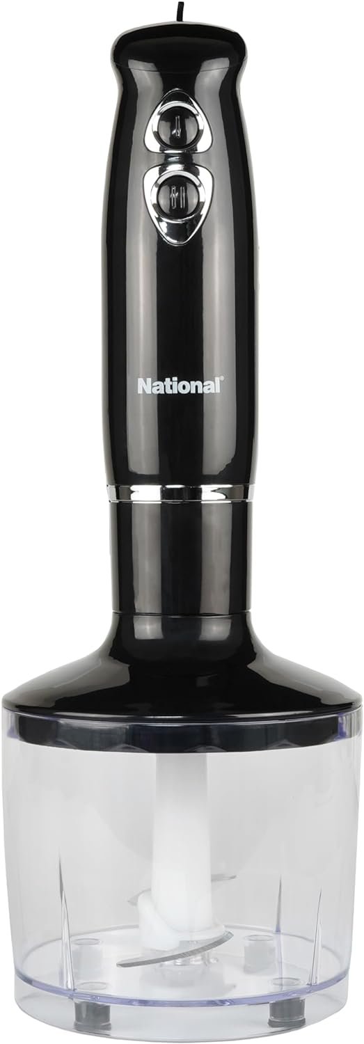 National NA-3104HB 4-in-1 Multi-Purpose Immersion Hand Blender Blend, Puree, Mash, Chop and Whisk, Two Speeds, Splash Control, and ETL Approved with Interchangeable Attachments (Black)