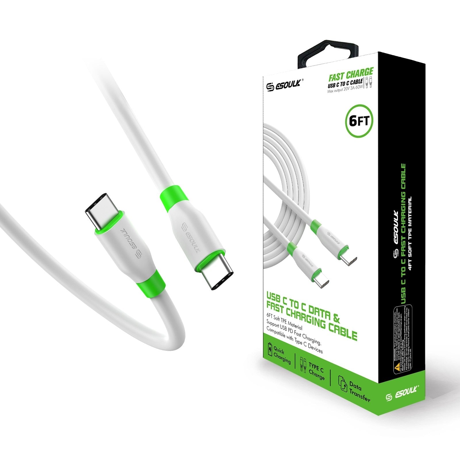 USB C to C Fast Charging Cable (White) - 6ft Durable, Tangle-Free TPE with Dual USB Car Charger