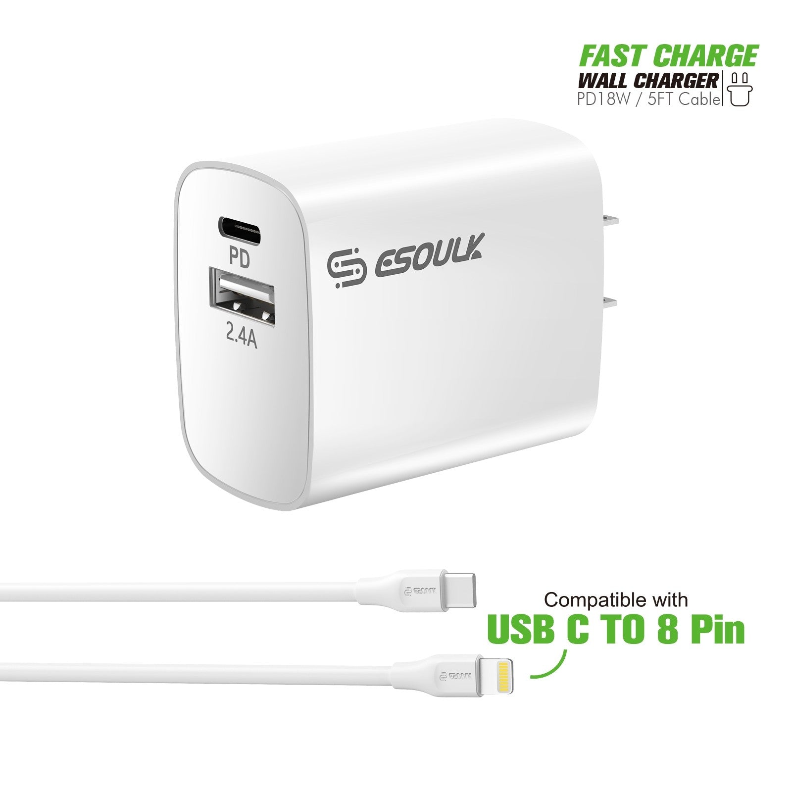 Esoulk Type-C to 8 PIN Cable 5ft, 18W Wall Fast Charger PD 2.4A Adapter ( White )