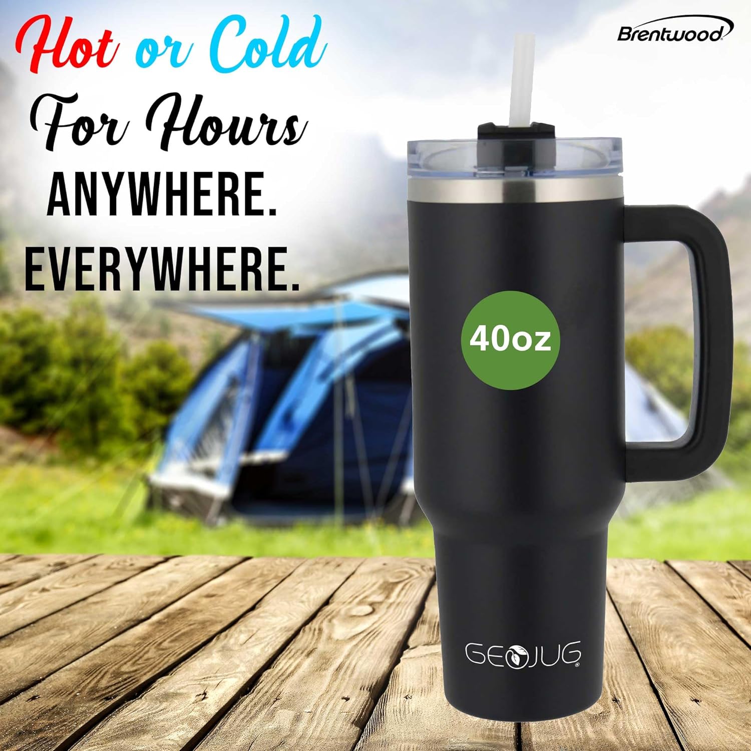 Brentwood GEOJUG Insulated Stainless Steel Tumbler Cup with Handle, Lid, and Straw, 40oz, Black