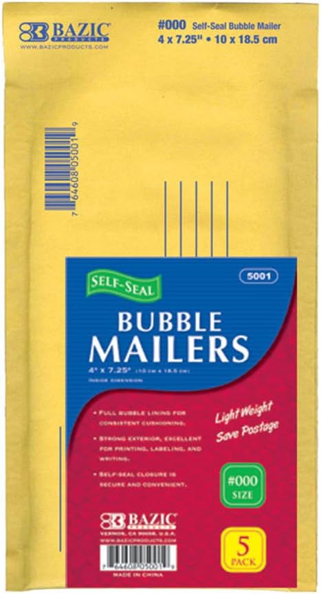 BAZIC 4" X 7.25" (#000) Self-Seal Bubble Mailers (5/Pack)