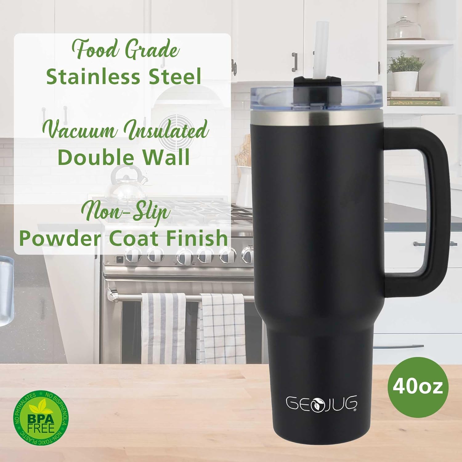 Brentwood GEOJUG Insulated Stainless Steel Tumbler Cup with Handle, Lid, and Straw, 40oz, Black
