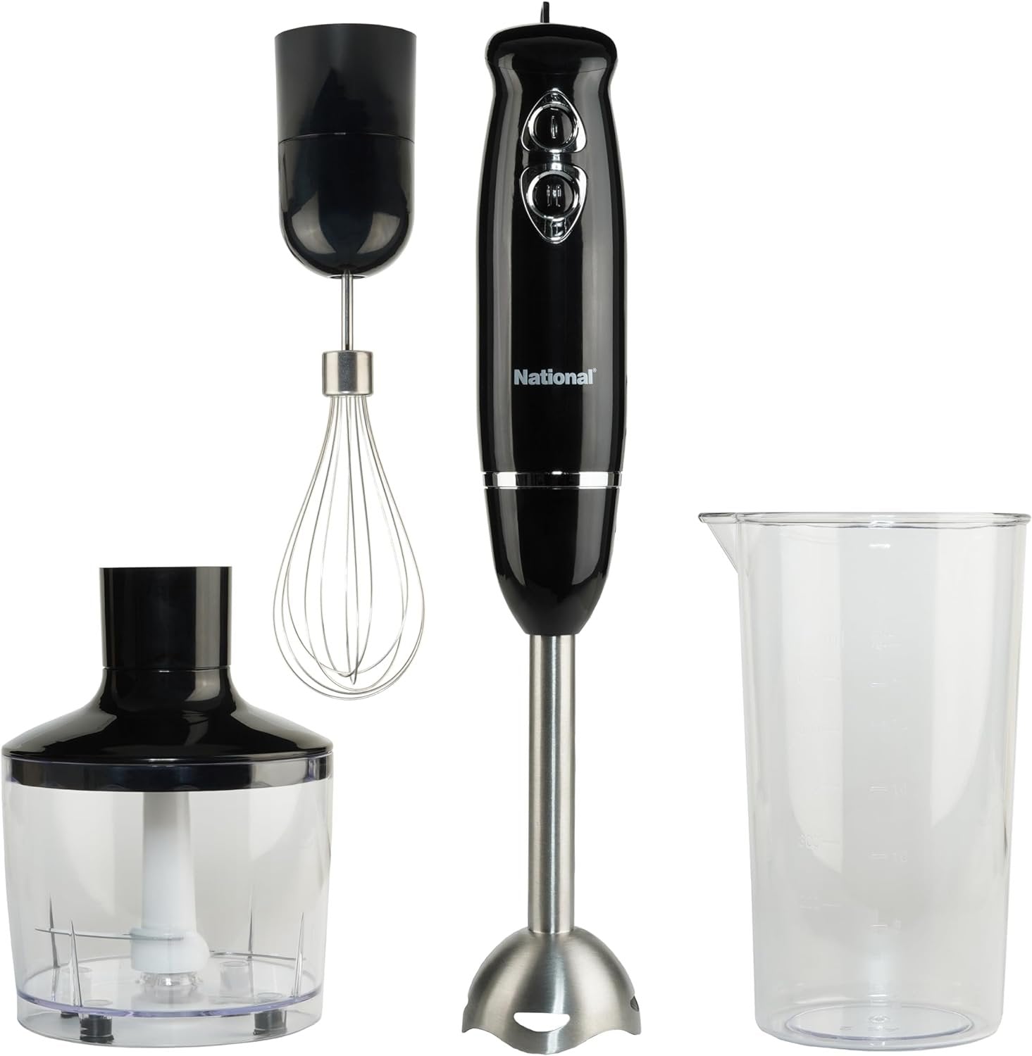 National NA-3104HB 4-in-1 Multi-Purpose Immersion Hand Blender Blend, Puree, Mash, Chop and Whisk, Two Speeds, Splash Control, and ETL Approved with Interchangeable Attachments (Black)