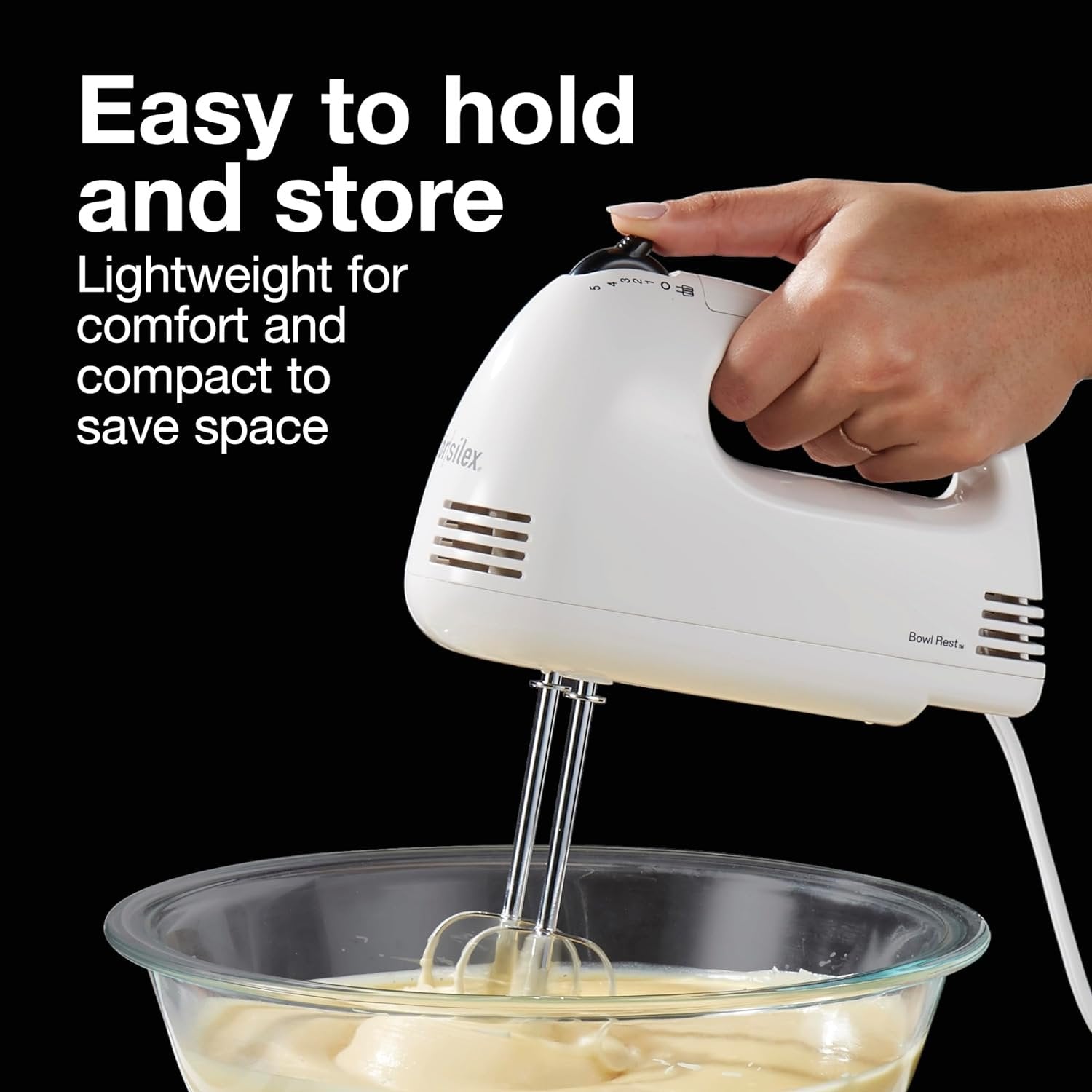 Proctor Silex Easy Mix 5-Speed Electric Hand Mixer with Bowl Rest, Compact and Lightweight, 100 Watts of Peak Power, White